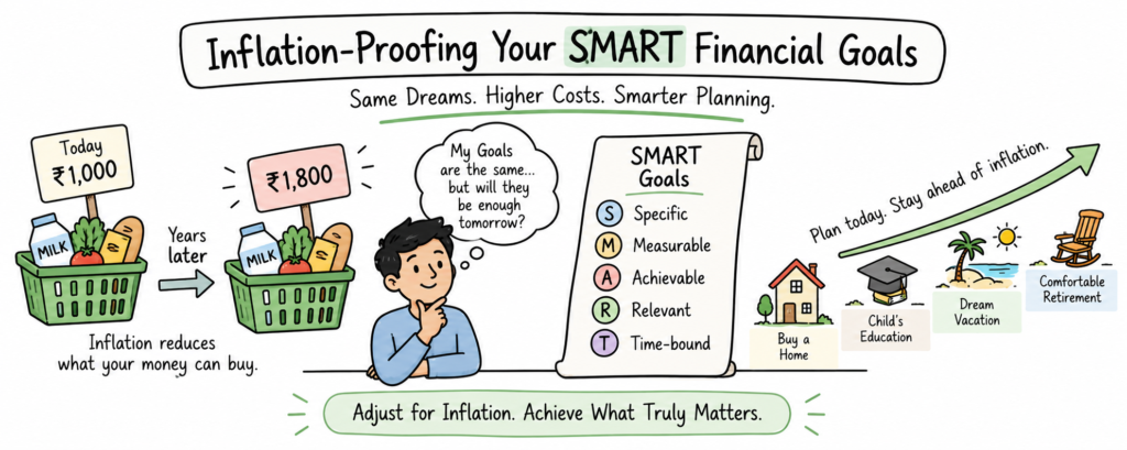 A basket of groceries costing 1,000 rupees today and 1,800 rupees years later, beside a list of SMART goals.