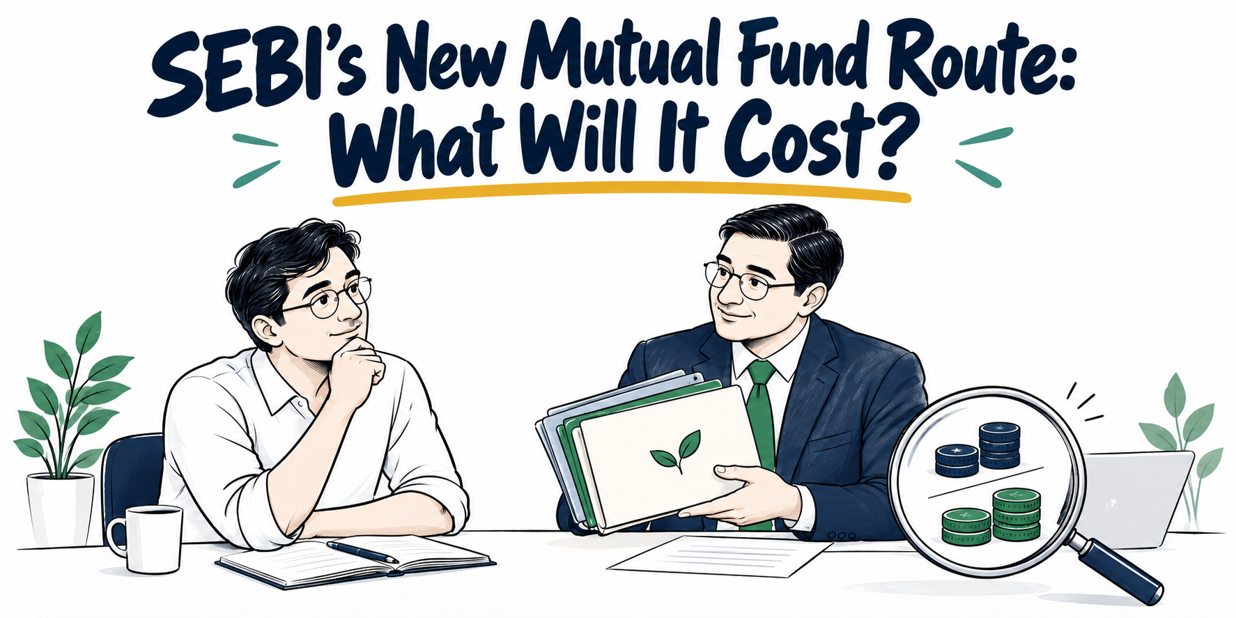 SEBI’s New Mutual Fund Route: What Will It Cost? — Doodle of an investor comparing a mutual fund with a manager and fee tokens