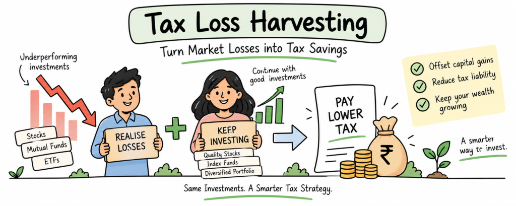 Tax loss harvesting explained: book losses on underperforming holdings, stay invested in quality ones, pay lower tax.