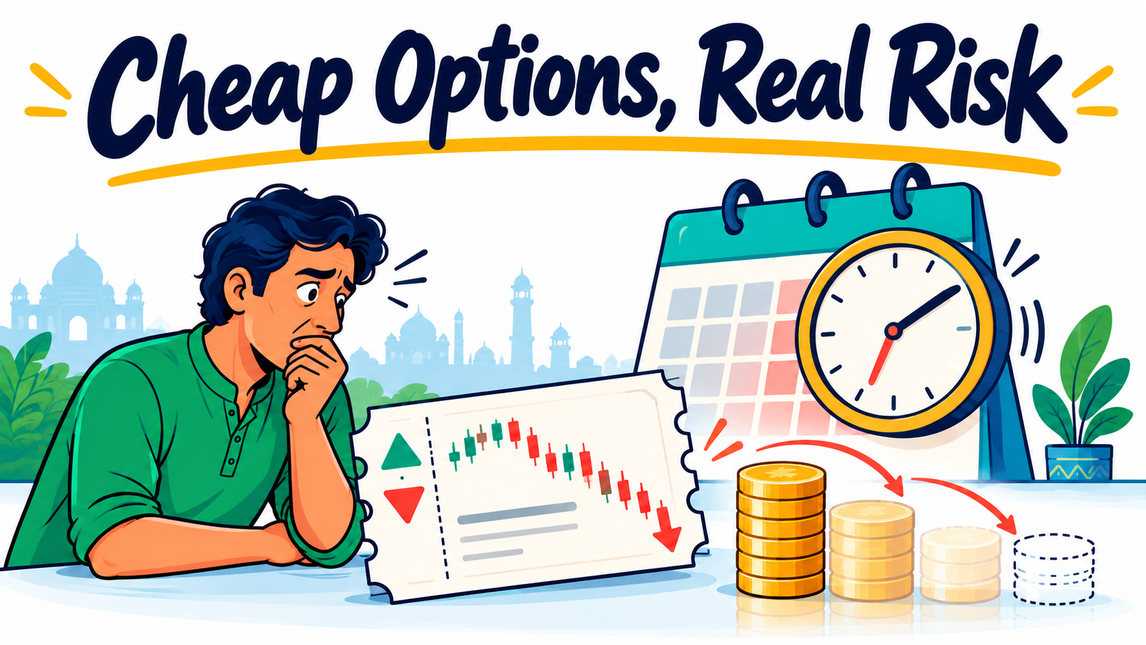Cheap Options, Real Risk — Colourful doodle of an Indian trader watching an option ticket, an expiry clock and shrinking coins