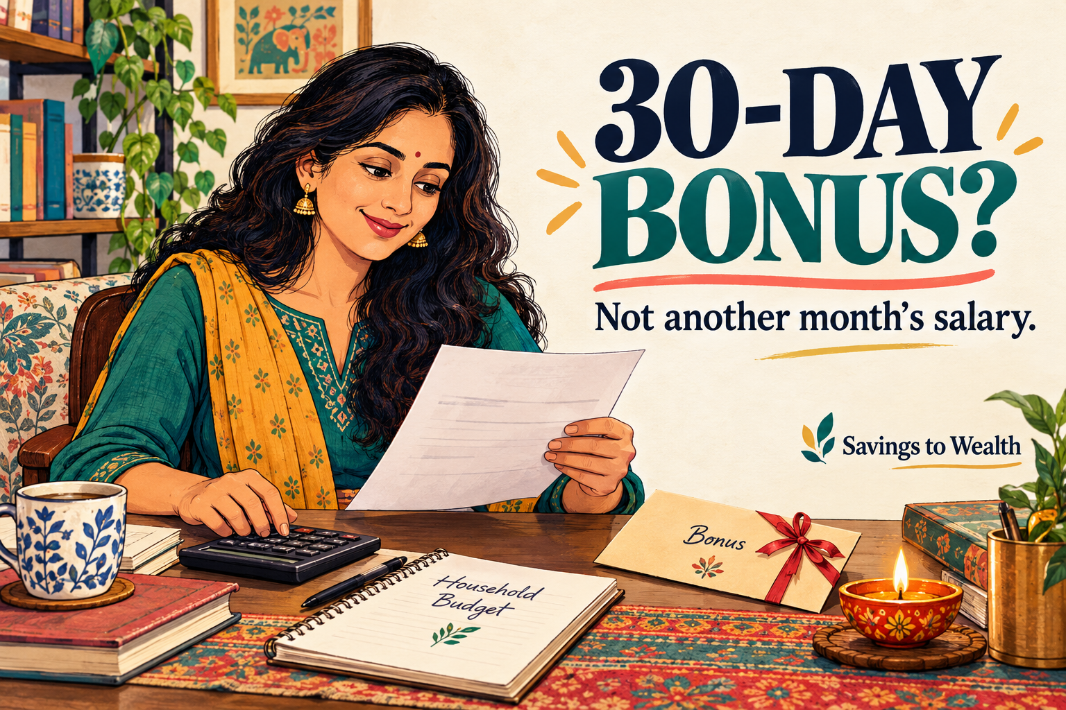Colourful editorial doodle of an Indian woman checking a pay statement and calculator beside a bonus envelope and household budget. Text: 30-Day Bonus? Not another month’s salary. Savings to Wealth.