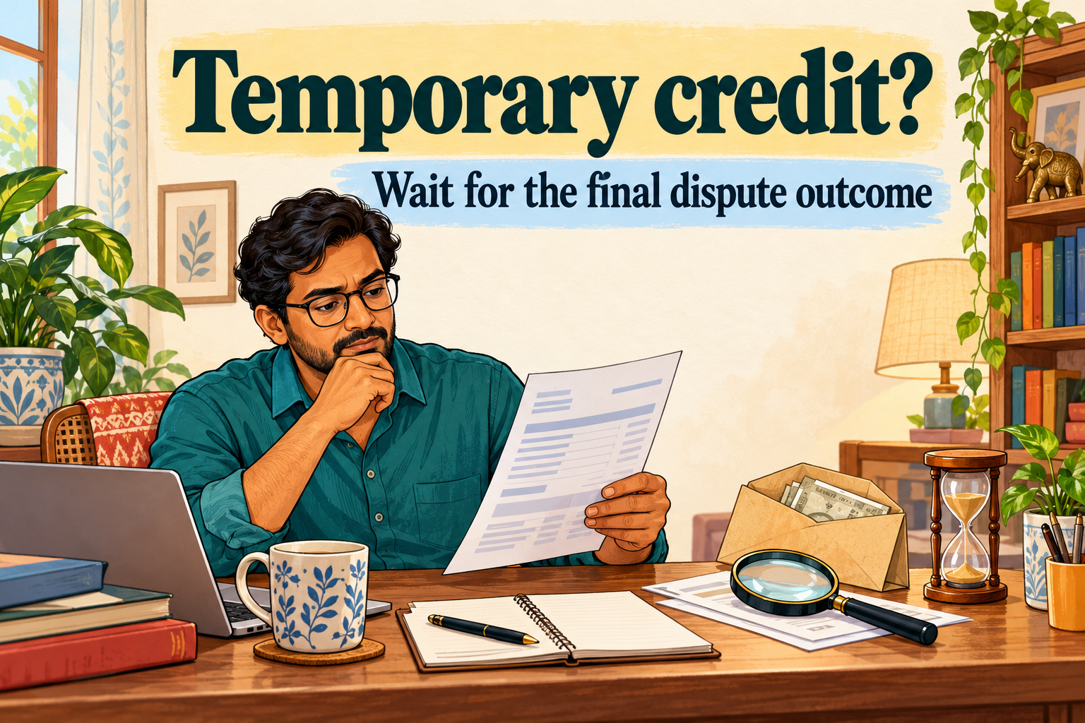 Colourful editorial doodle of a man reviewing a card statement beside a money envelope and hourglass; headline: Temporary credit? Wait for the final dispute outcome.
