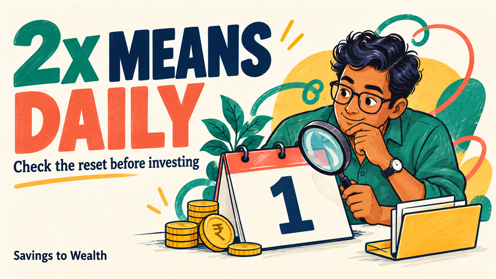 Colourful doodle of an investor examining a one-day calendar: 2x Means Daily. Check the reset before investing.
