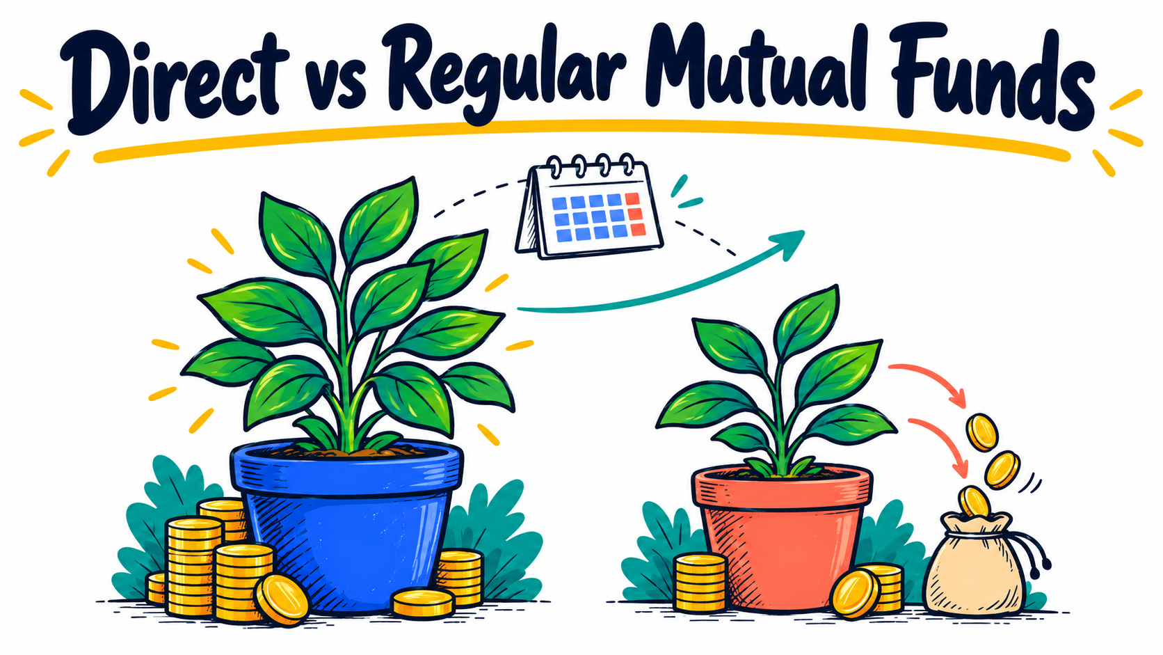 Direct vs Regular Mutual Funds — Colourful doodle of two investment plants, with coins diverted into a fee pouch beside the smaller plant, illustrating fund fees over time.