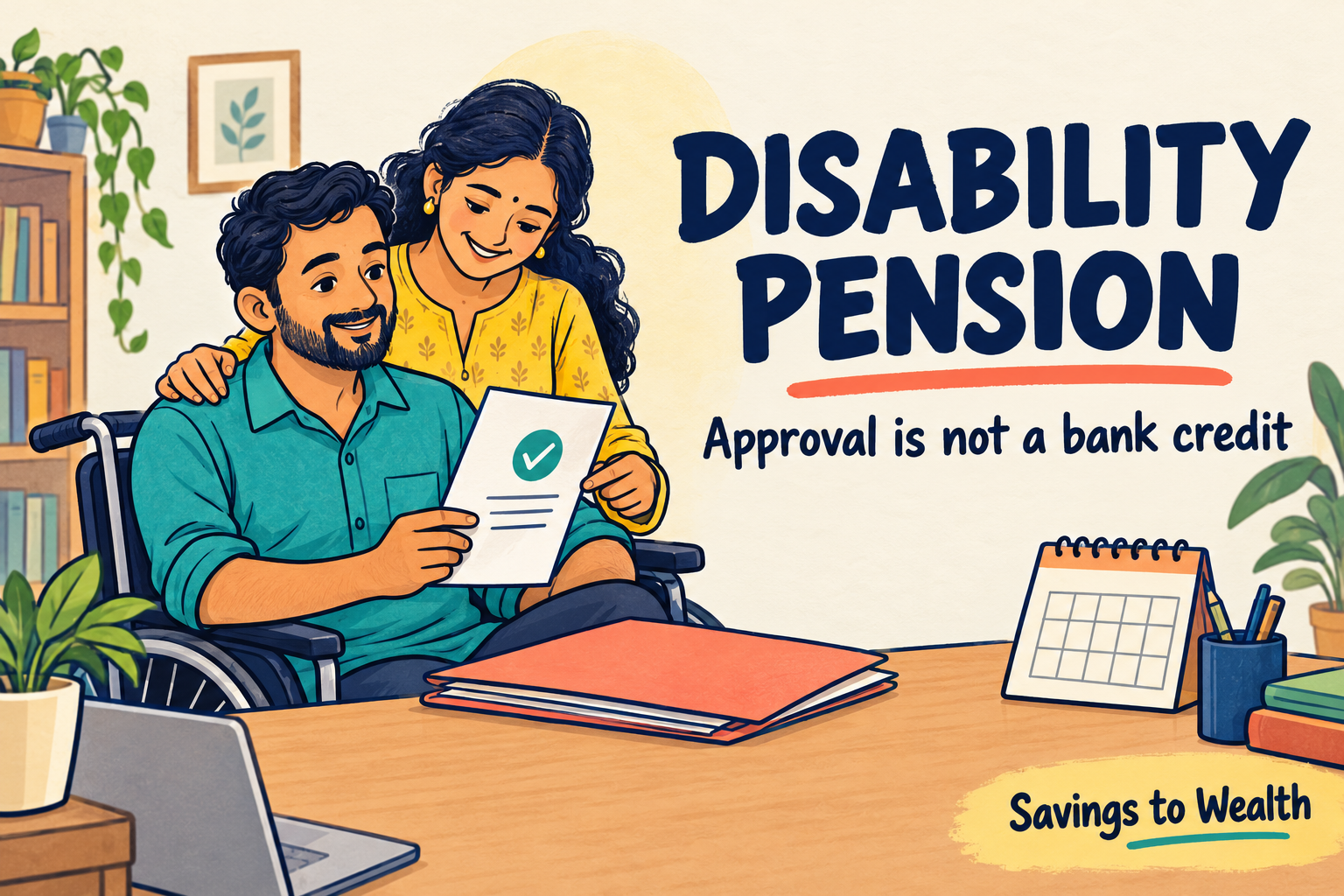 Colourful editorial doodle of an Indian wheelchair user and a family member reviewing a document folder beside a calendar. Text reads Disability Pension. Approval is not a bank credit. Savings to Wealth.