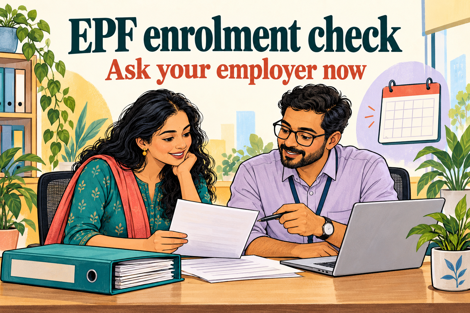 Colourful doodle of an Indian employee and payroll colleague comparing employment records beside a folder and laptop; text reads EPF enrolment check. Ask your employer now.