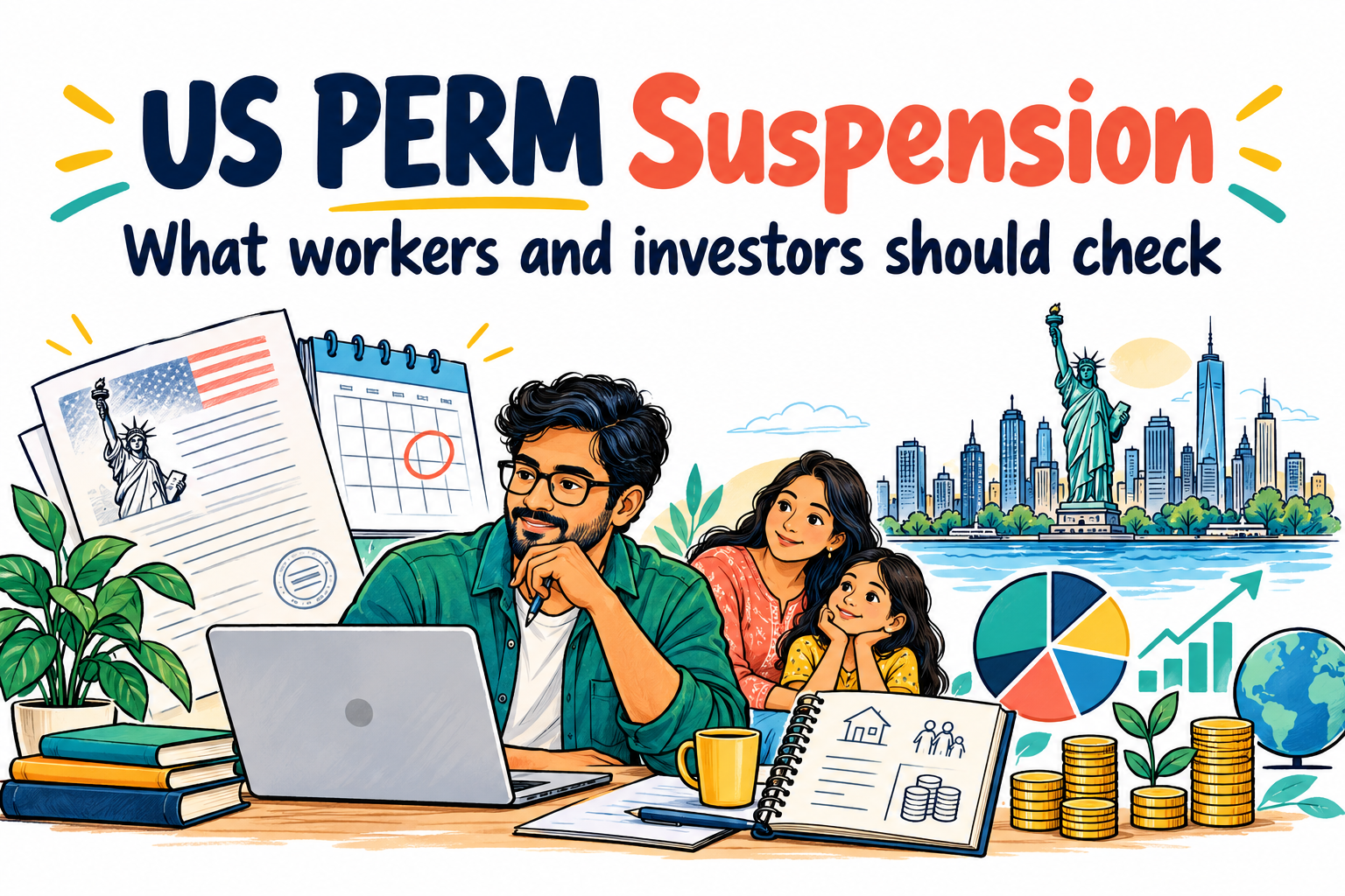 Colourful doodle of an Indian family reviewing US immigration deadlines, household finances and investments. US PERM Suspension: What workers and investors should check.