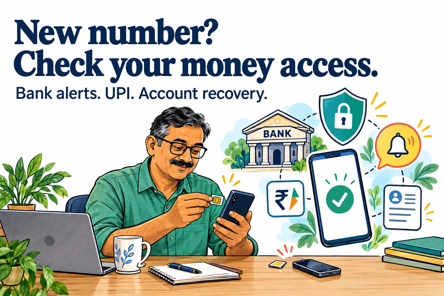 Colourful editorial doodle of an Indian adult changing a SIM beside bank, payment, alert and recovery symbols. Text: New number? Check your money access. Bank alerts. UPI. Account recovery.