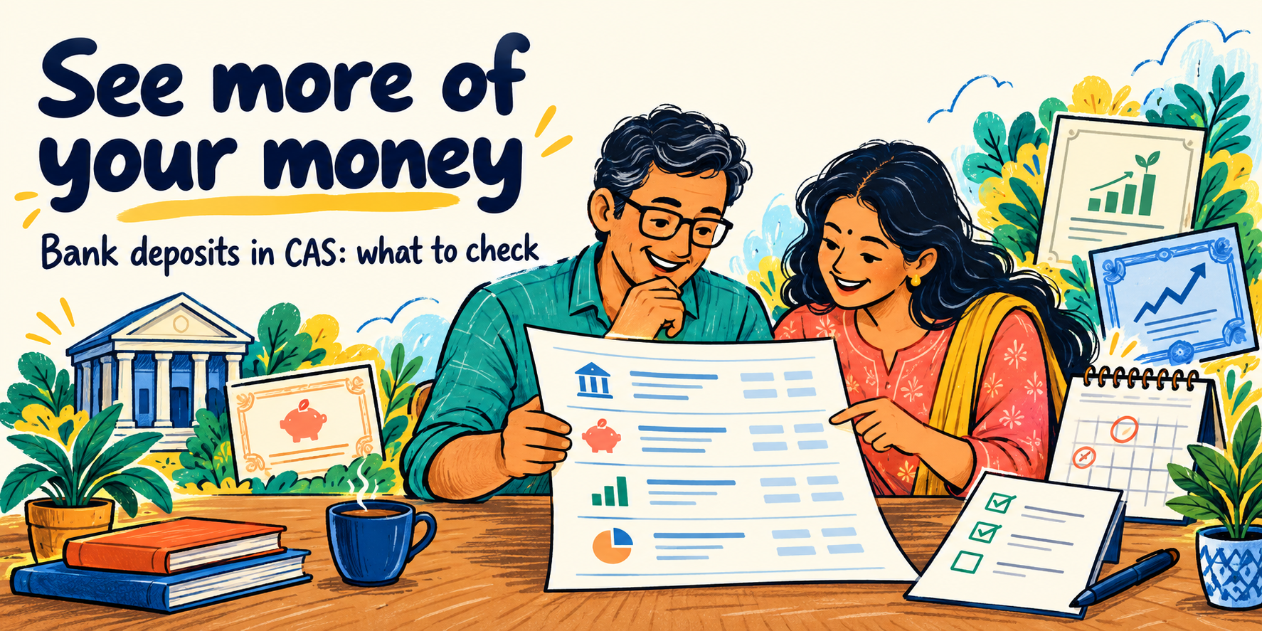 Colourful doodle of an Indian couple reviewing a combined statement, with bank deposits, investments, calendar and checklist; headline: See more of your money.