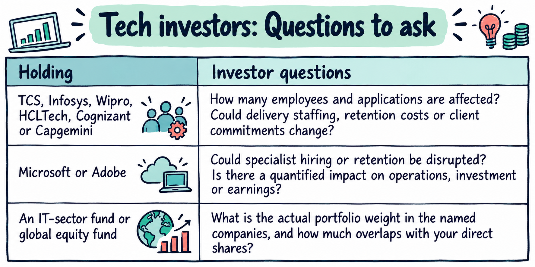 Holding: Investor questions; TCS, Infosys, Wipro, HCLTech, Cognizant or Capgemini: How many employees and applications are affected? Could delivery staffing, retention costs or client commitments change?; Microsoft or Adobe: Could specialist hiring or retention be disrupted? Is there a quantified impact on operations, investment or earnings?; An IT-sector fund or global equity fund: What is the actual portfolio weight in the named companies, and how much overlaps with your direct shares?;