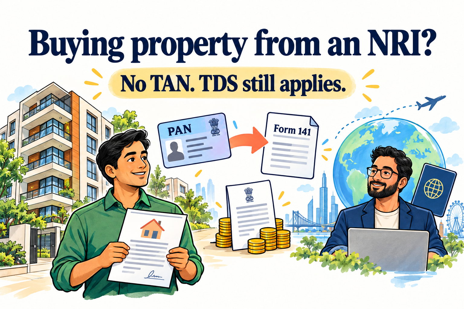 Colourful doodle of a resident buyer, overseas seller, Indian property, PAN card and Form 141. Text: Buying property from an NRI? No TAN. TDS still applies.
