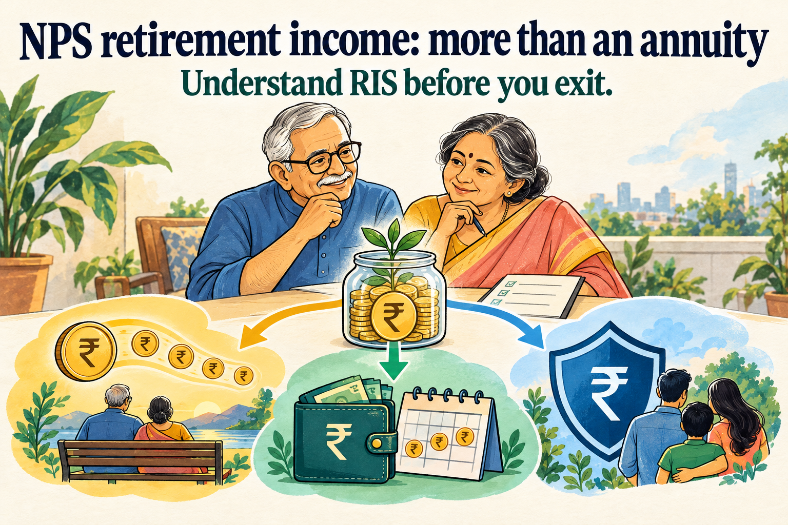 Colourful doodle of an Indian retiree couple choosing between an NPS annuity, RIS drawdown and preserving money for family. Text: NPS retirement income: more than an annuity. Understand RIS before you exit.