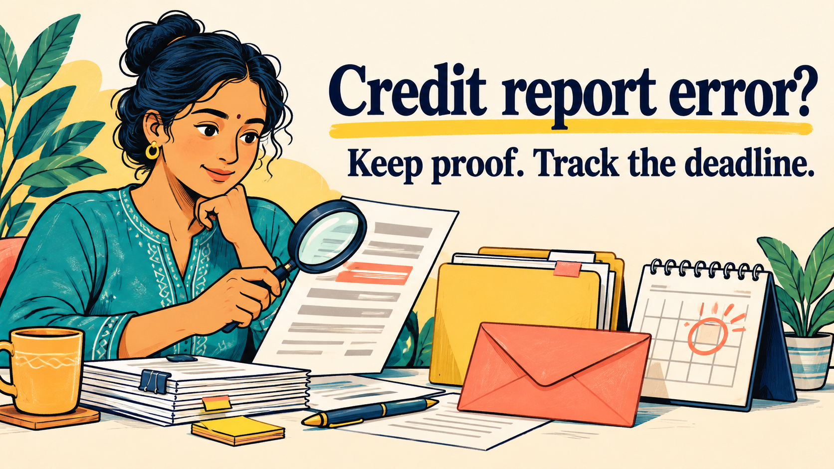 Colourful doodle of a woman reviewing a credit report beside a complaint folder, envelope and calendar. Text: Credit report error? Keep proof. Track the deadline.