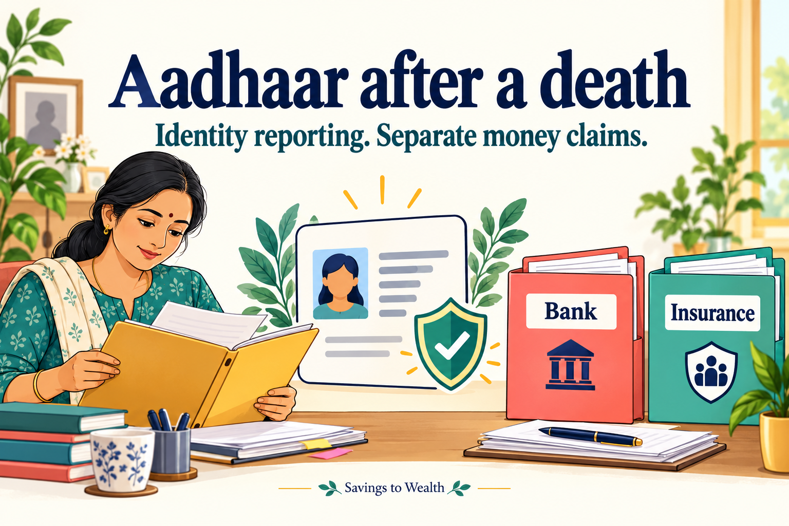 Colourful doodle of a woman organising family papers beside an identity card and separate Bank and Insurance folders. Text: Aadhaar after a death. Identity reporting. Separate money claims.