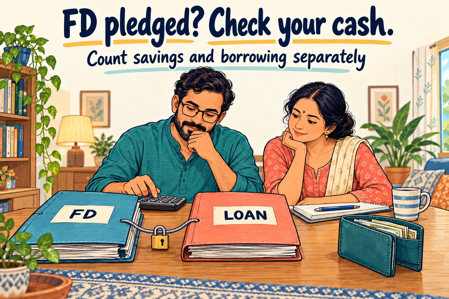 Colourful doodle of an Indian couple reviewing a fixed-deposit folder linked to a loan folder, with a separate cash wallet. Text: FD pledged? Check your cash. Count savings and borrowing separately.
