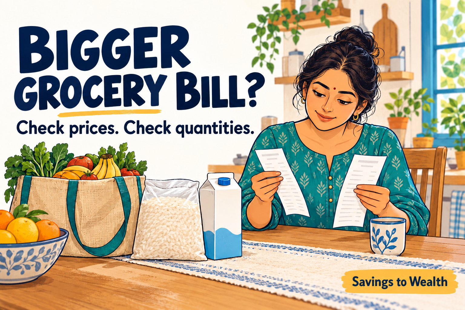 Colourful editorial doodle of a woman comparing grocery receipts beside rice, milk and a shopping bag. Headline: Bigger grocery bill? Check prices. Check quantities.