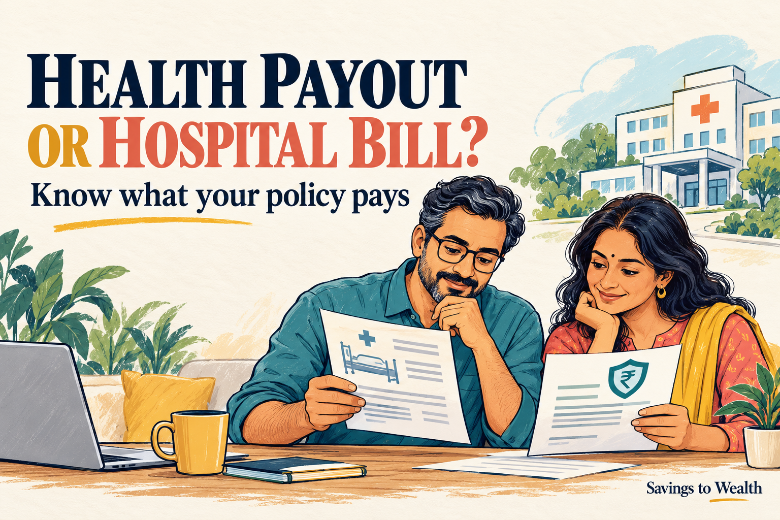 Colourful editorial doodle of an Indian couple comparing fixed health payouts with hospital-bill cover.