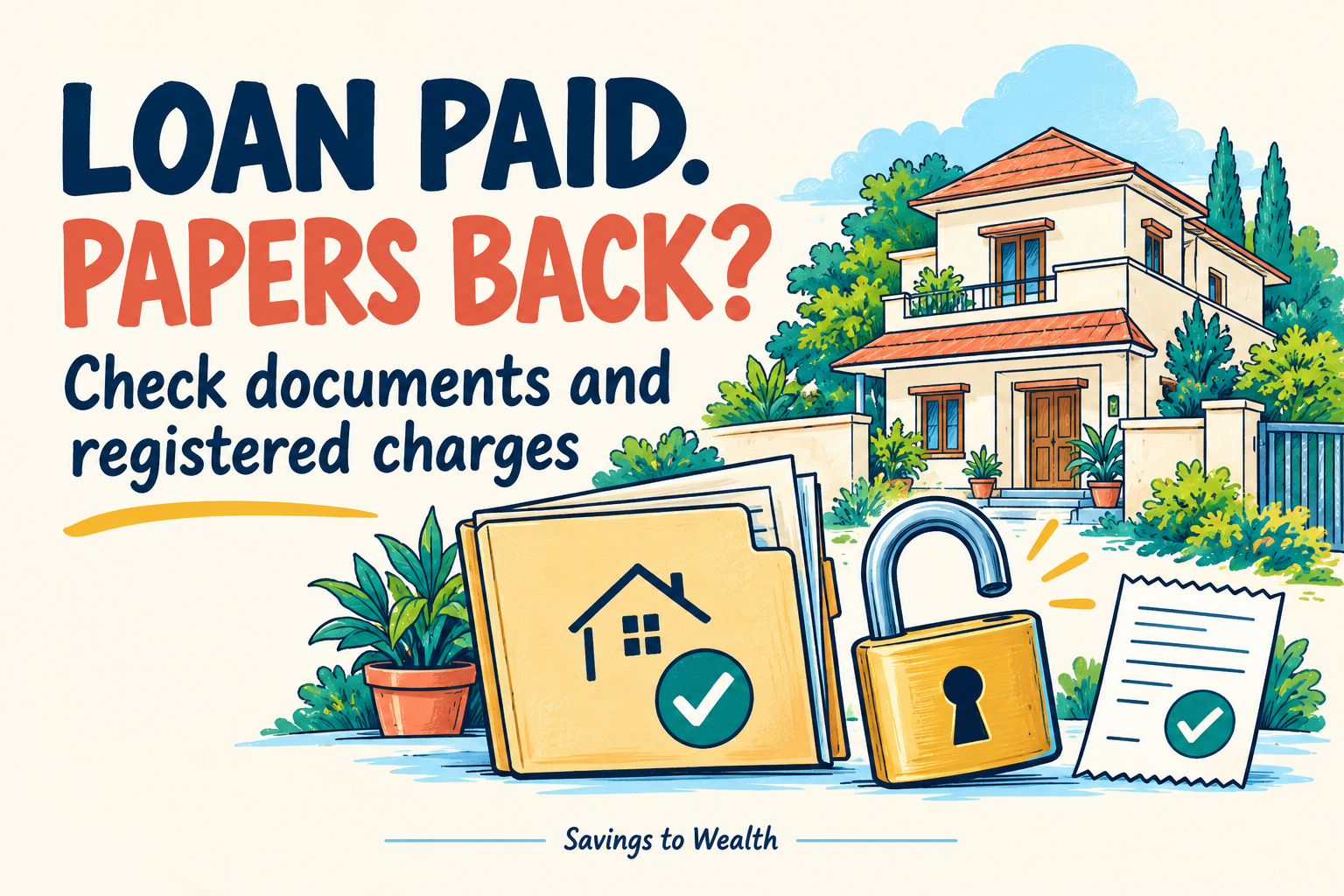 Colourful editorial doodle of a house, checked property-document folder and open padlock, with the words Loan paid. Papers back? Check documents and registered charges.