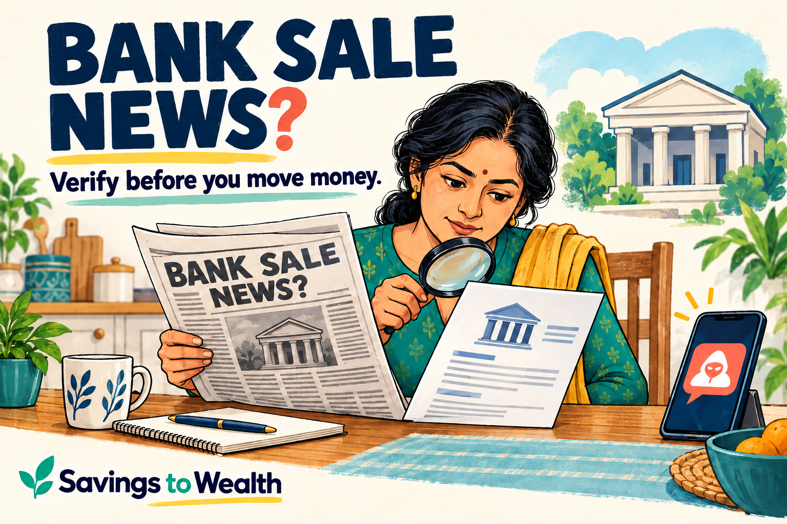 Colourful editorial doodle of an Indian adult comparing bank-sale news with account documents. Text: Bank Sale News? Verify before you move money. Savings to Wealth.