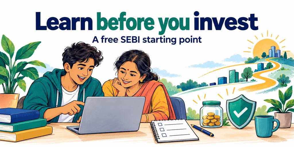 Colourful doodle of a young Indian investor learning with a parent. Text reads: Learn before you invest. A free SEBI starting point.