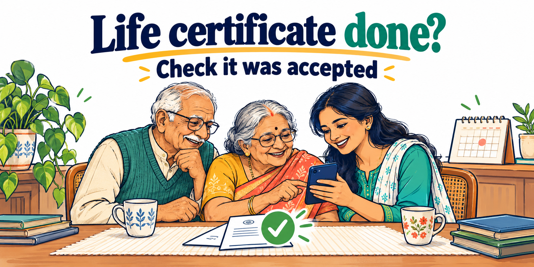 Colourful doodle of an elderly Indian couple checking a digital life certificate with their daughter. Text reads: Life certificate done? Check it was accepted.