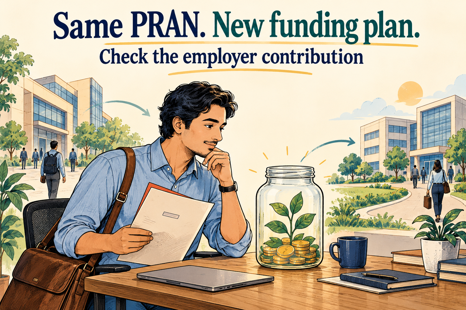 Colourful editorial doodle of an Indian professional reviewing a job-offer folder beside a retirement savings jar and two offices; text: Same PRAN. New funding plan. Check the employer contribution.