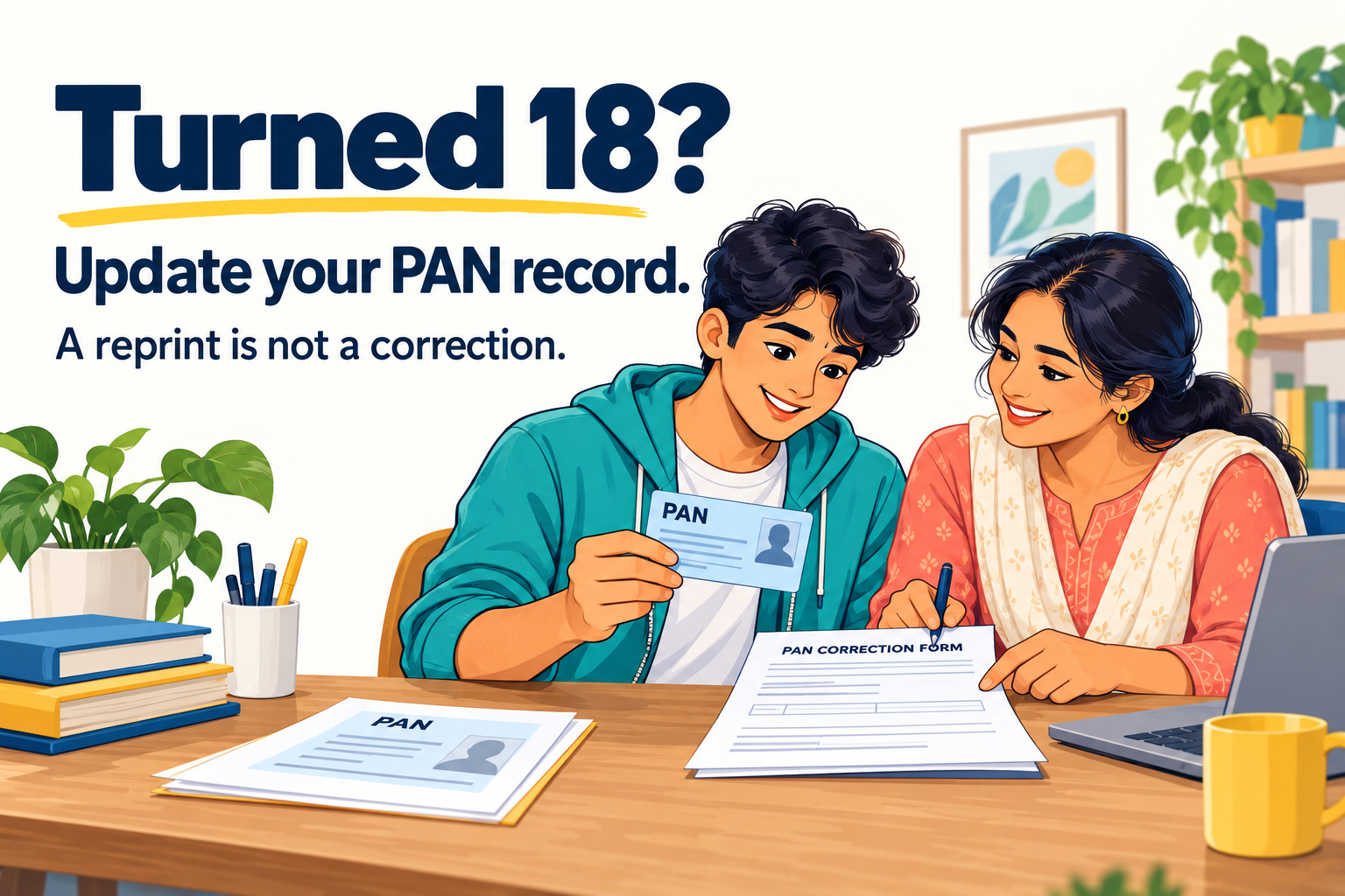 Colourful editorial doodle of a young adult and parent reviewing PAN documents: Turned 18? Update your PAN record. A reprint is not a correction.