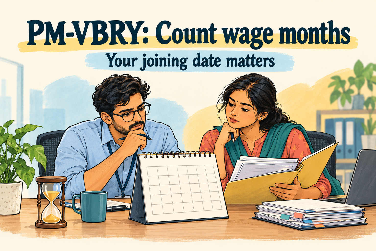 Colourful editorial doodle of two Indian workers checking a blank calendar and payroll folder; text: PM-VBRY: Count wage months. Your joining date matters.