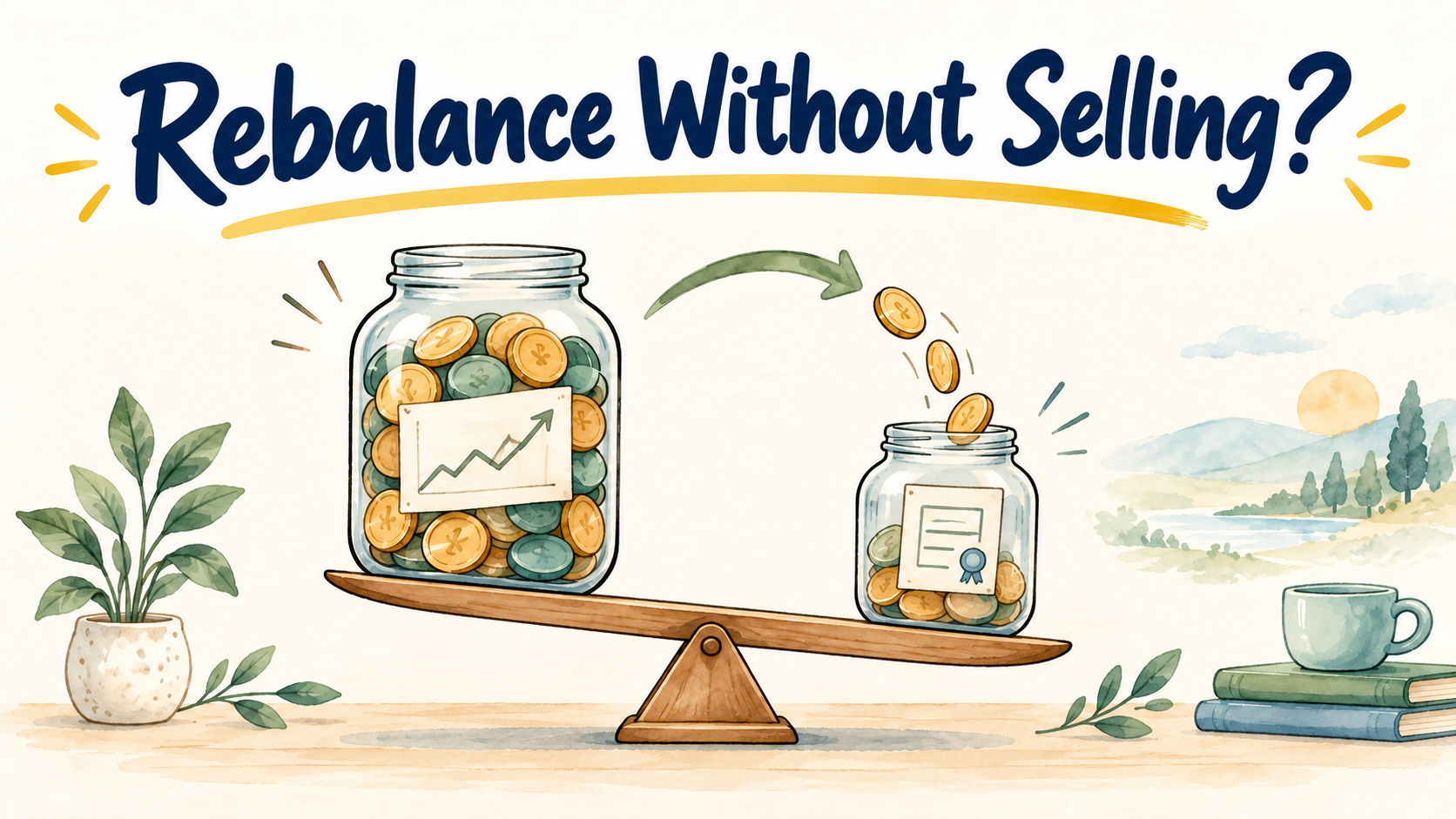 Rebalance Without Selling? — Pastel doodle of equity and fixed-income investment jars on a balancing scale, with coins added to restore the portfolio mix.