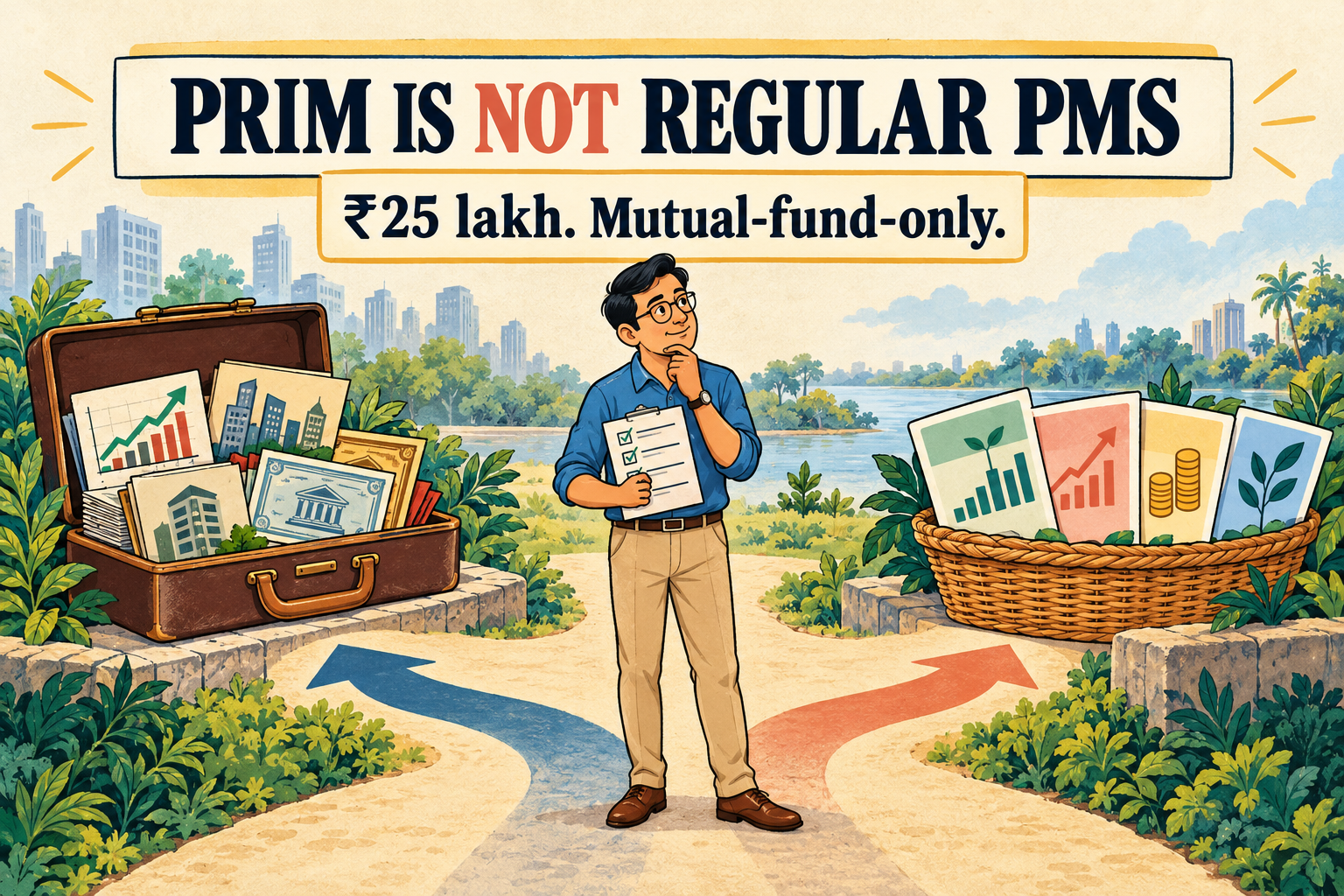 Editorial doodle of an Indian investor comparing regular PMS with SEBI’s ₹25 lakh mutual-fund-only PRIM route.