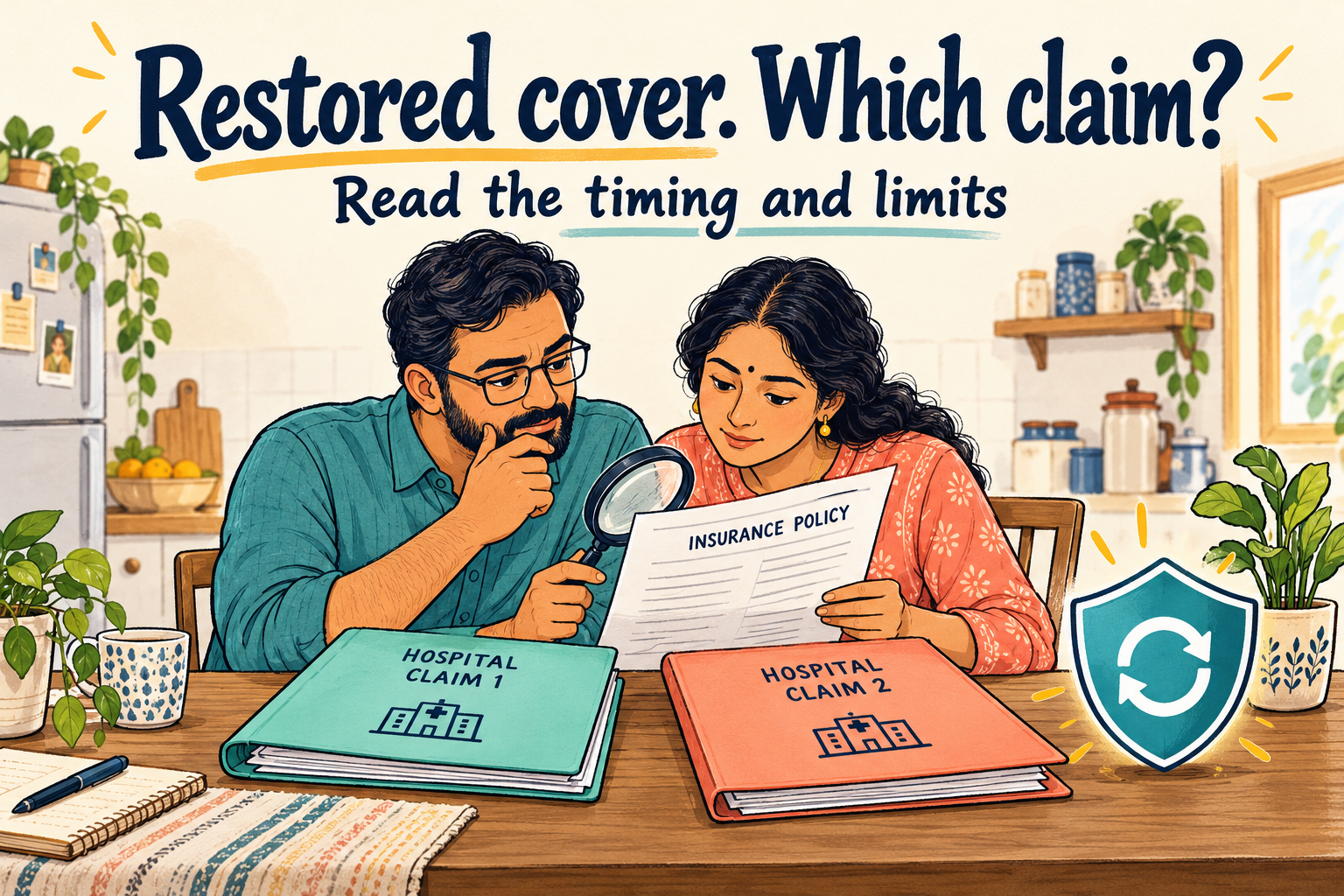 Colourful doodle of a couple reading their insurance policy beside two hospital-claim folders and a refill shield. Text: Restored cover. Which claim? Read the timing and limits.