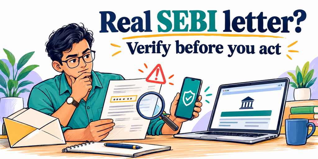 Doodle of a person checking a suspicious letter on an official website. Text reads: Real SEBI letter? Verify before you act.