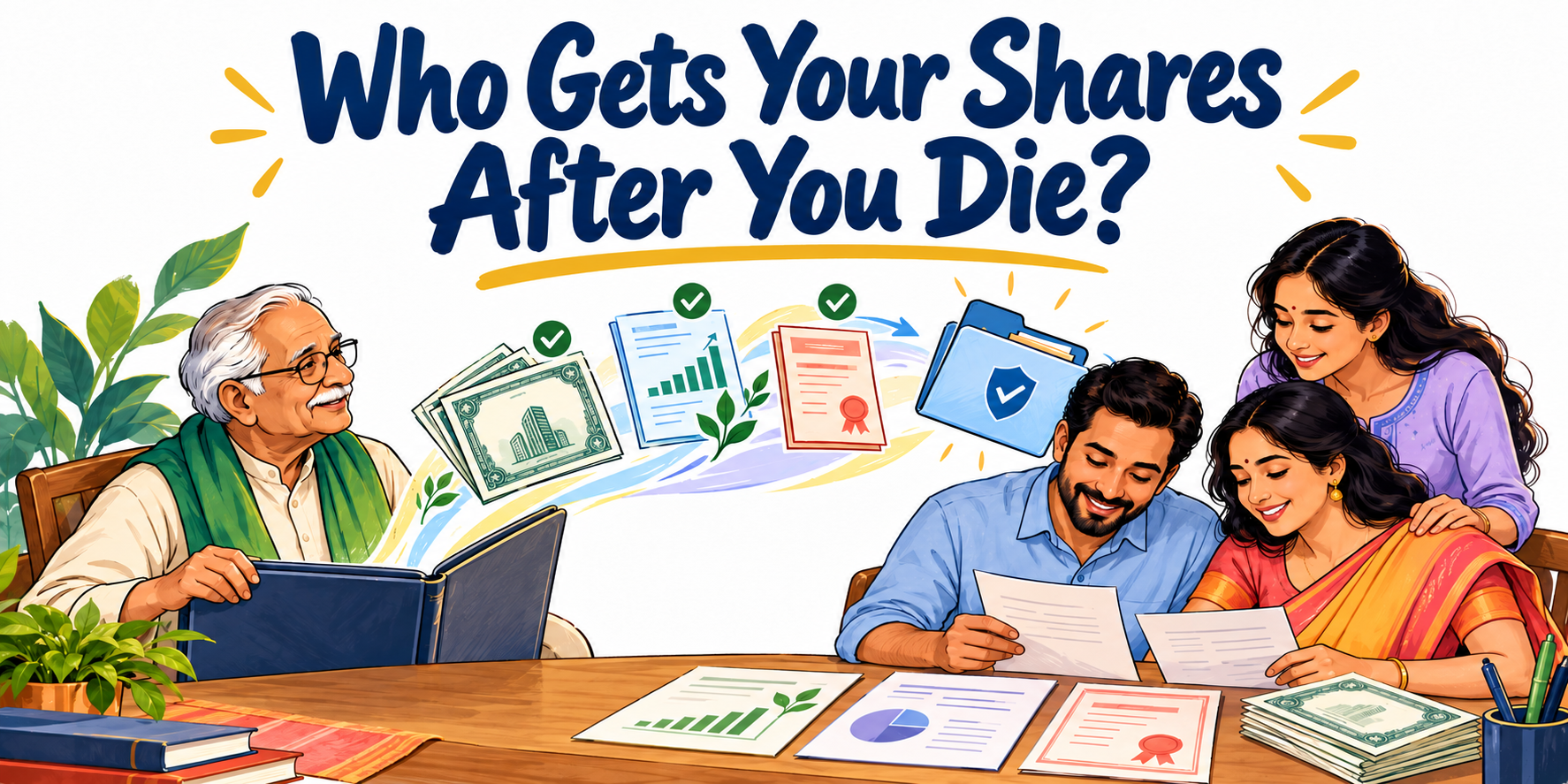 Who Gets Your Shares After You Die? — Colourful doodle of an Indian family reviewing shares, mutual fund statements and estate documents together