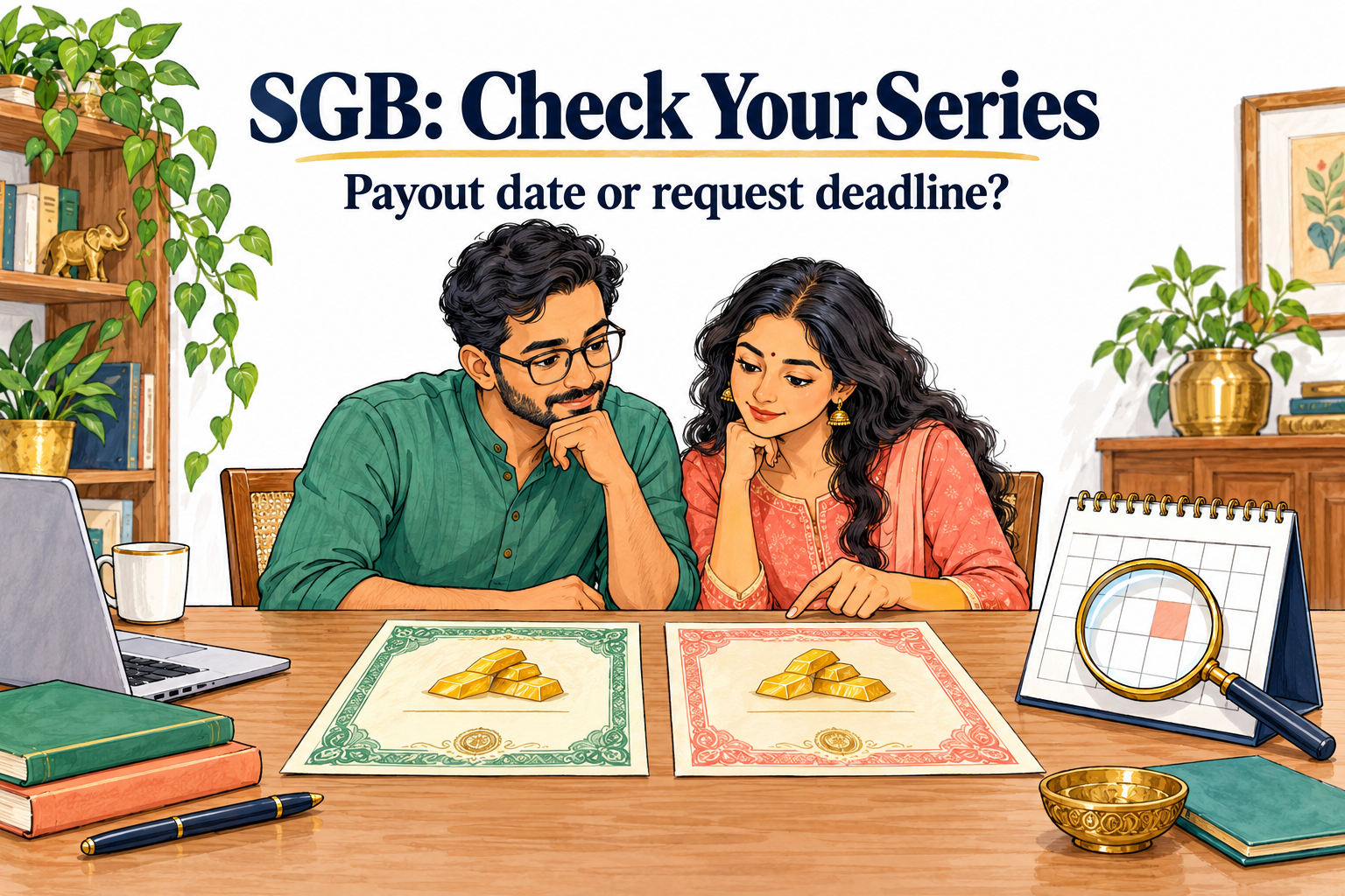 Indian couple comparing gold bond certificates and a calendar: SGB—check your series; payout date or request deadline?