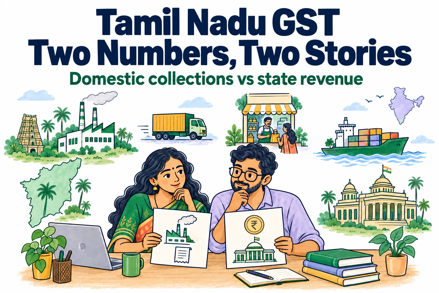 Tamil Nadu GST: Two Numbers, Two Stories. Domestic collections vs state revenue, illustrated with colourful Tamil Nadu trade and tax doodles.