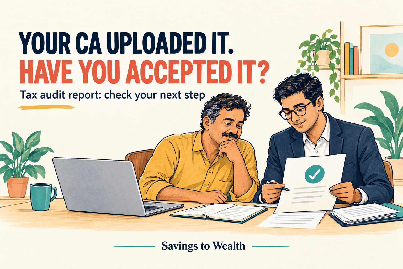 Colourful doodle of a business owner and chartered accountant reviewing a tax audit report, asking: Your CA uploaded it. Have you accepted it?