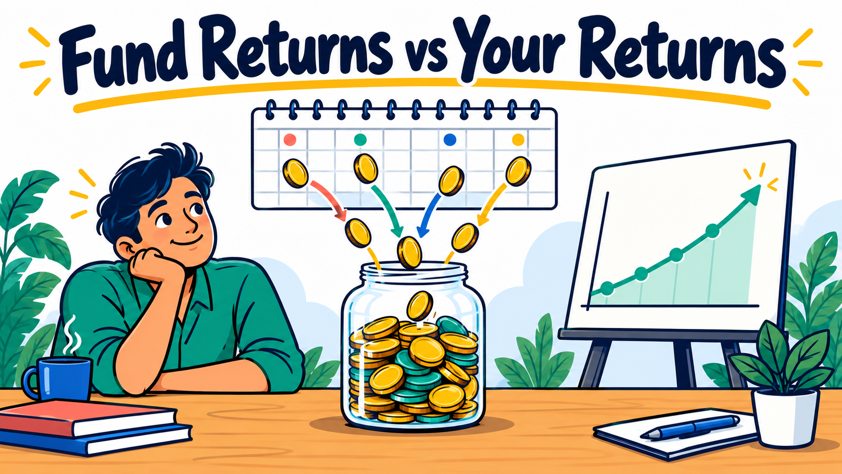 Fund Returns vs Your Returns — Bright doodle of an investor, contributions on different calendar dates and a separate fund-performance chart.