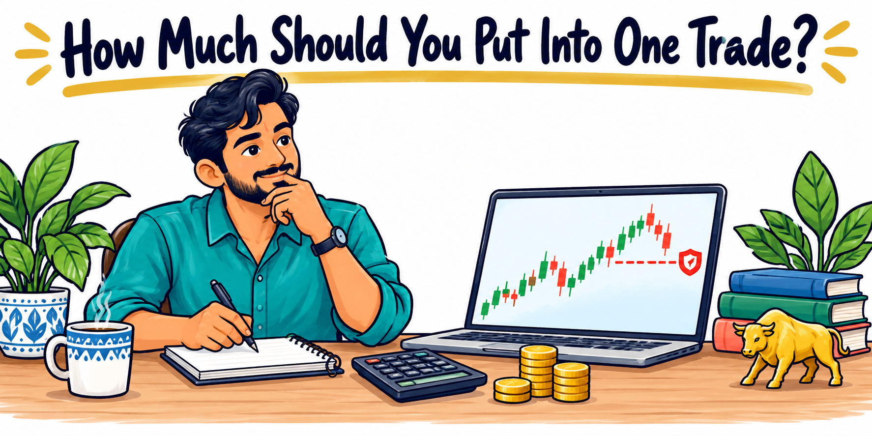How Much Should You Put Into One Trade? Colourful doodle of a trader planning a share purchase and exit price.