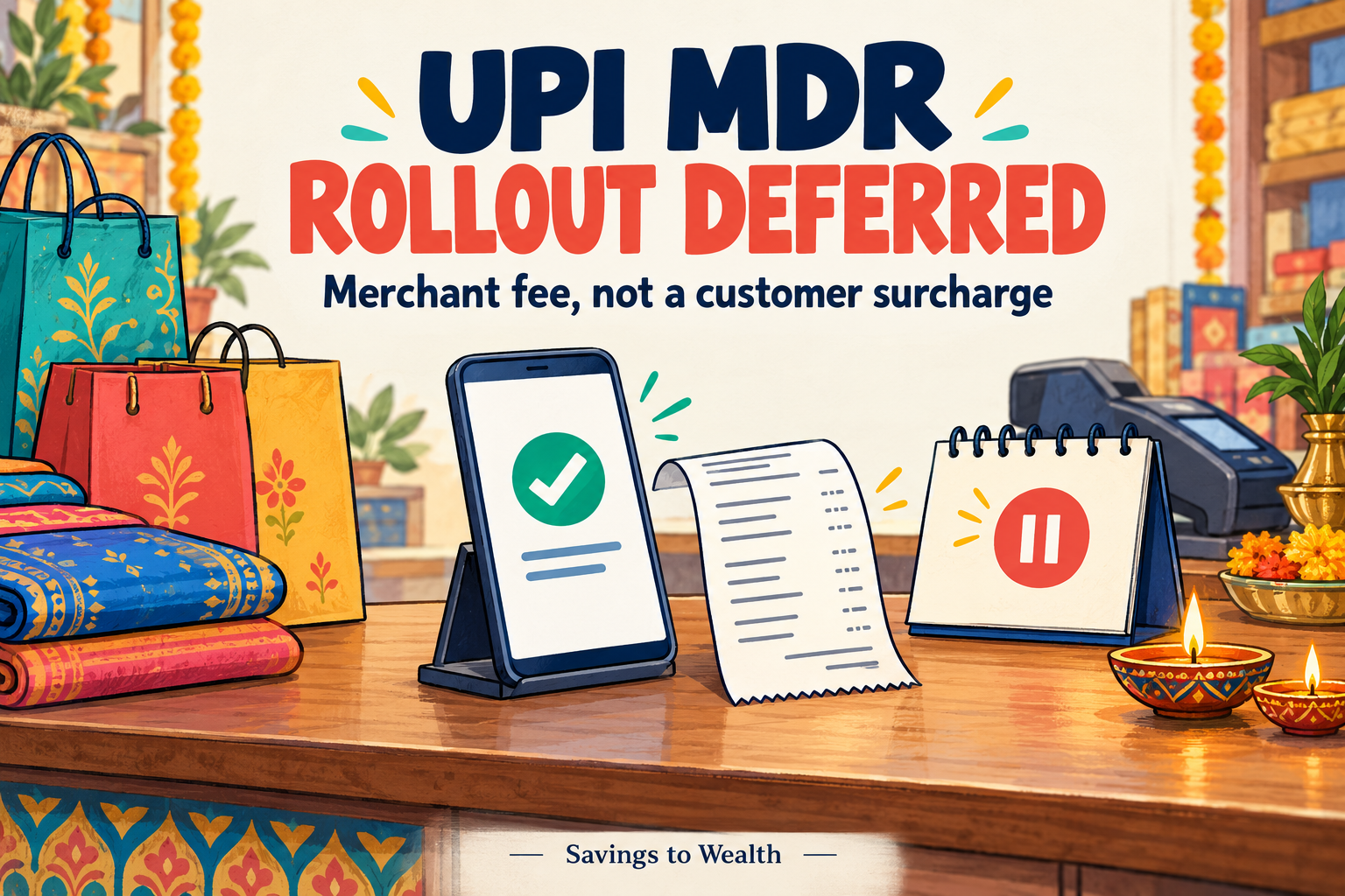 Colourful editorial doodle of a shop checkout with a payment phone, receipt, paused calendar and Diwali lamps. Text reads UPI MDR. Rollout deferred. Merchant fee, not a customer surcharge.