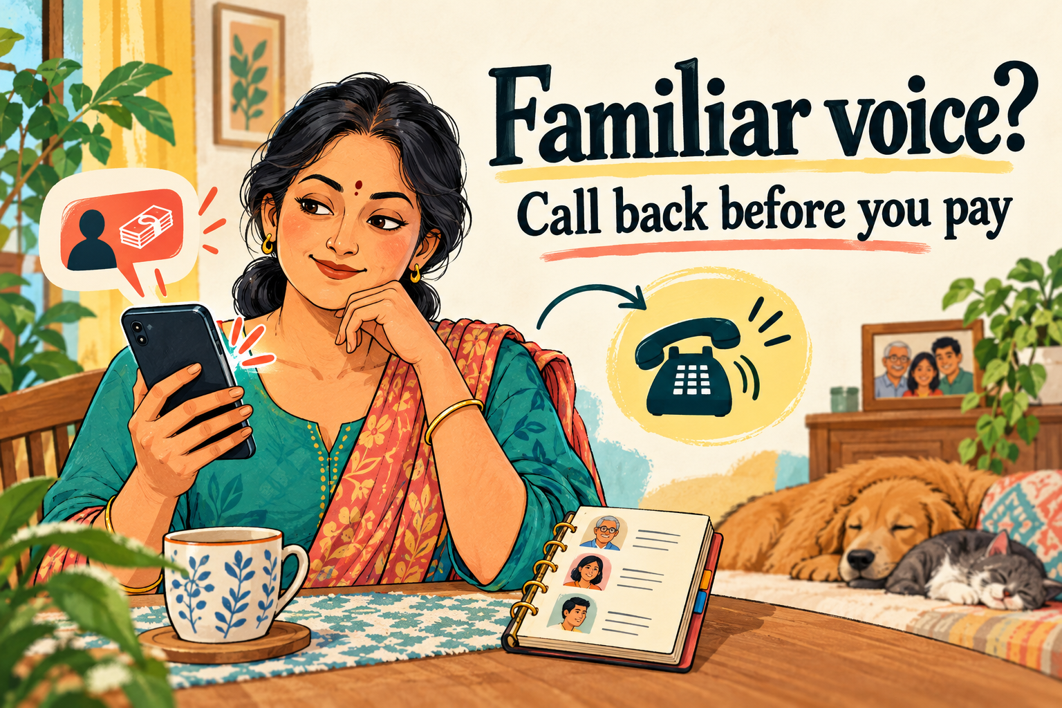 Colourful doodle of an Indian parent pausing an unexpected money request beside a saved-contact notebook; text: Familiar voice? Call back before you pay.