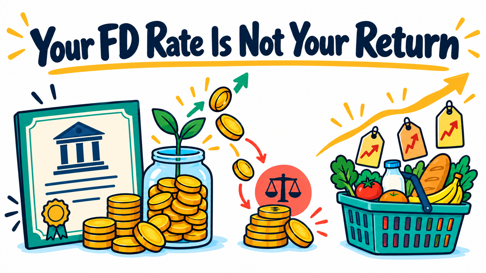 Your FD Rate Is Not Your Return — Colourful doodle of a fixed-deposit certificate, interest coins, tax and a grocery basket with rising prices.
