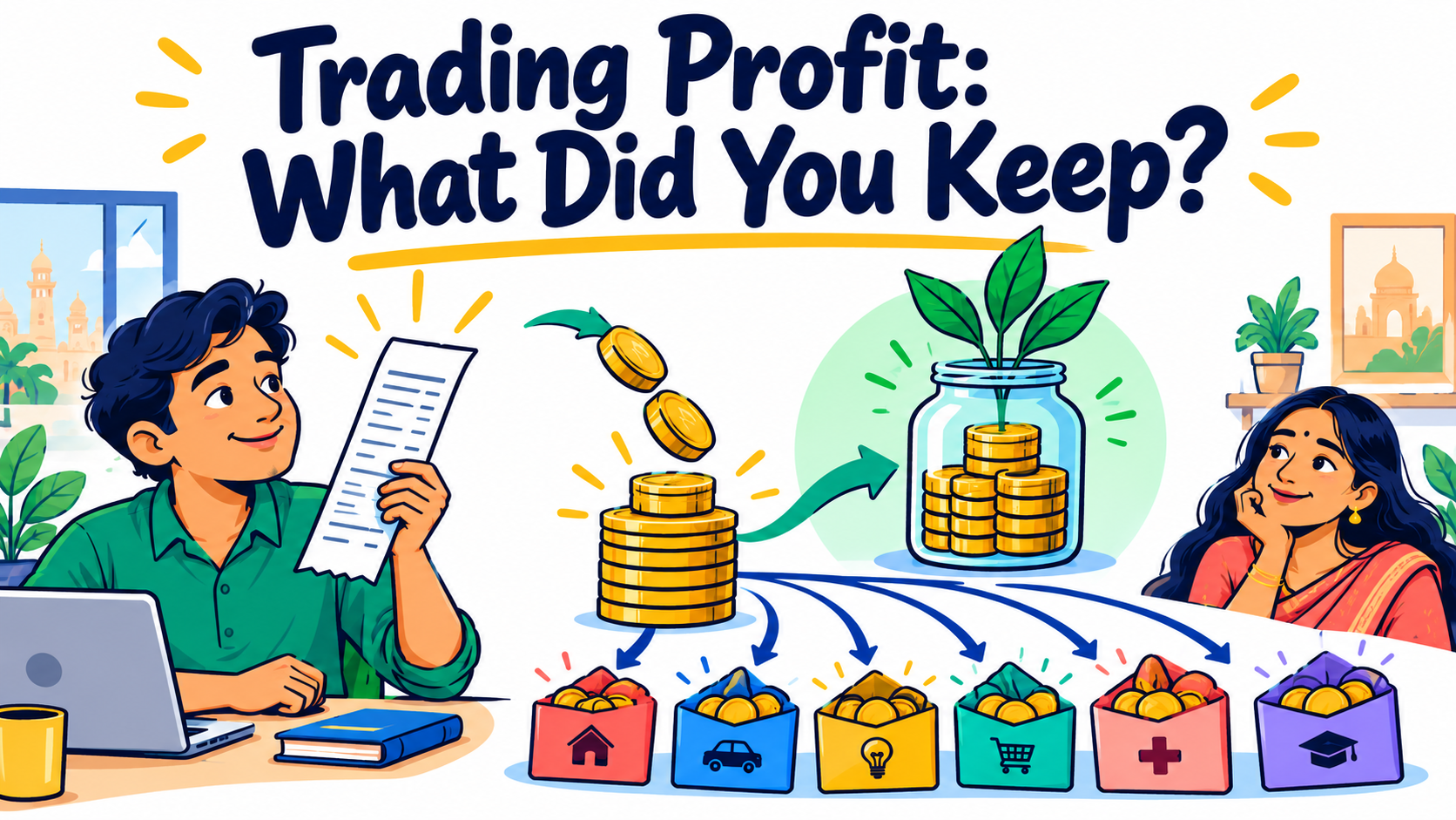 Trading Profit: What Did You Keep? — Colourful doodle of a trader checking a statement as coins are divided between savings and expenses